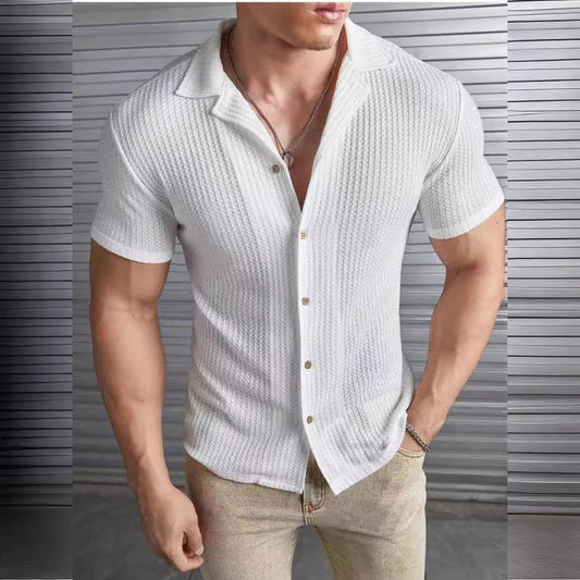 Men's Fashion Short-sleeved Casual Waffle Top T-shirt Shirt